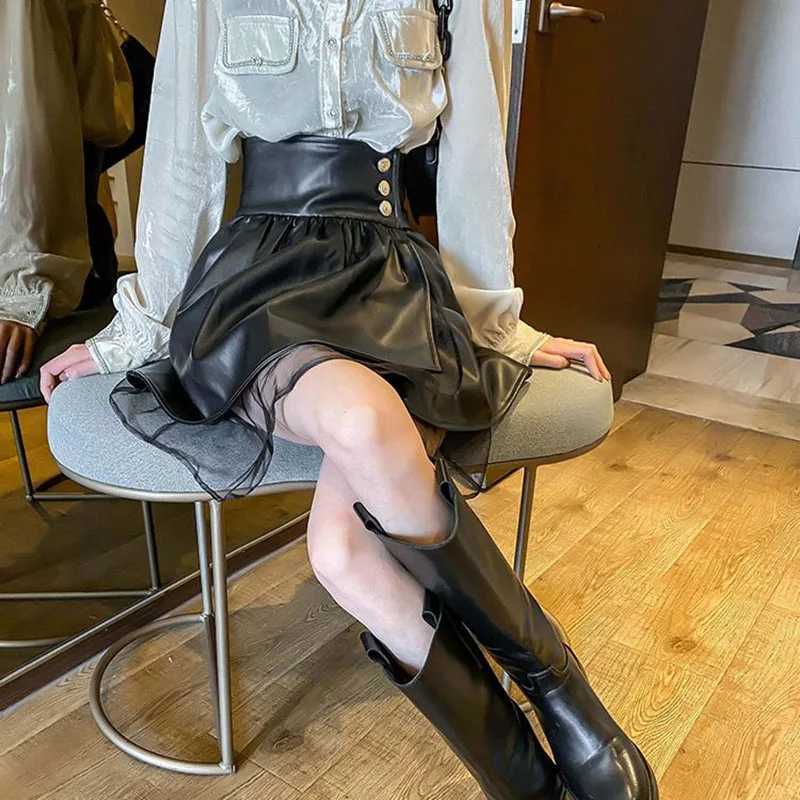 Skirts Skirts Vintage PU Leather for Women Lace Patchwork Short Skirts Ladies A-line High Waist Slim Skirts Women Sexy All Match Skirts W261017
