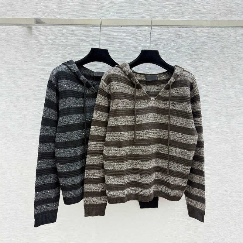 Women's Sweaters designer brand, new designer clothes women color-block striped hooded V-neck long-sleeved knit sweater