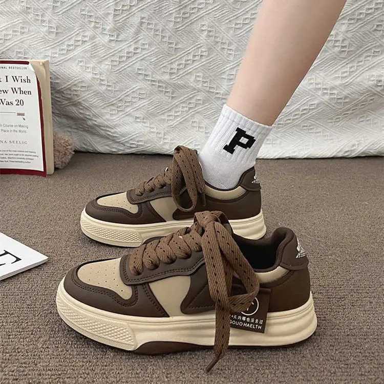 Casual Shoes Board Shoes Women's Sneakers New Muffin Thick Bottom Khaki Black White Color Matching Fashion Women's Shoes Casual Sports Sho