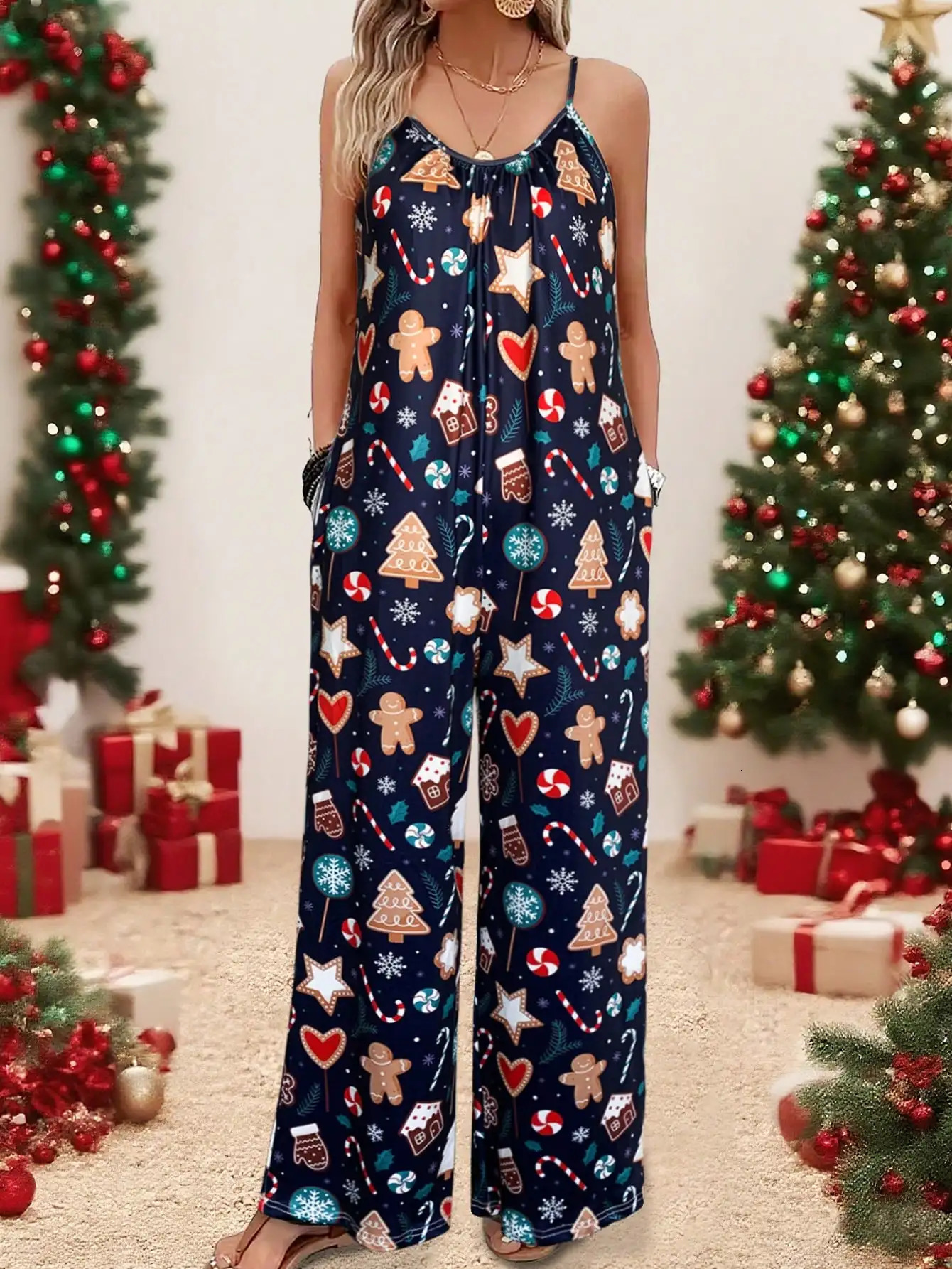 Women's Christmas Gingerbread Print Spaghetti Strap Jumpsuit Festive cookie fashion gingerbread print clothing 261015