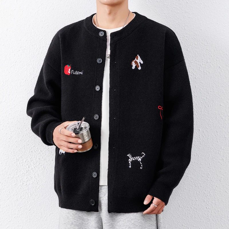 High End Autumn Winter Knitted Cardigan Fashion Men's Round Neck y Cartoon Embroidery Korean Casual Sweater Coat 261012