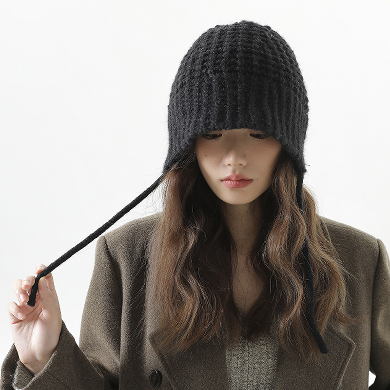 Meidela autumn and winter versatile knitted fisherman hat for women Korean style trendy warm earcovering with ties bucket hat street style