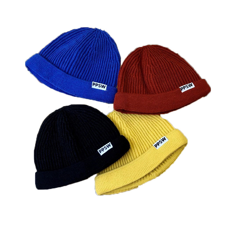 Trendy solid color letterprint children's knitted beanie hat versatile rollededge woolen hat for boys and girls