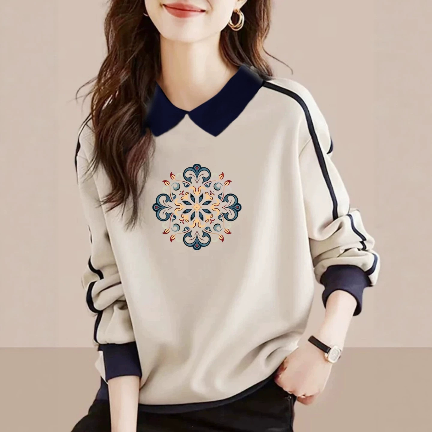Autumn Women Color Block Lapel Sweatshirt Korean Trendy 100% Cotton Long Sleeve Pullover Chic Collared Basic Casual Tops for Daily Wear