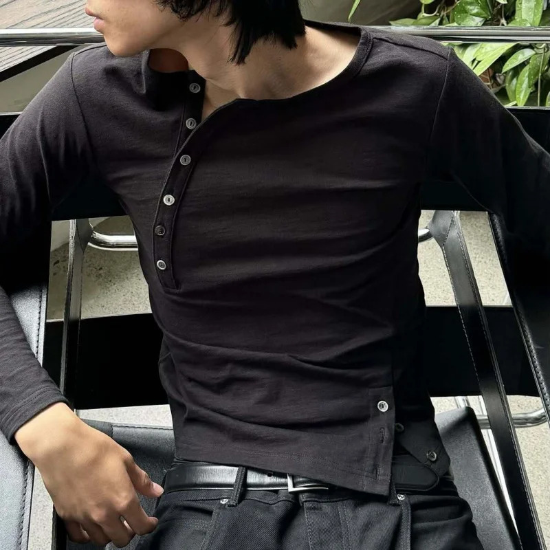 2026 American Retro Y2K Casual Fashion Solid Button Long Sleeve T-Shirt Slim Hip Hop Gothic Streetwear Unisex 261014