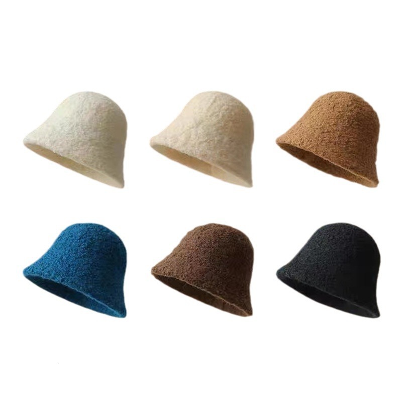 Women's Lamb Wool Autumn and Winter Korean Style Solid Color Versatile Bucket Hat Japanese Simple Design FaceSlimming Fisherman Hat for Travel
