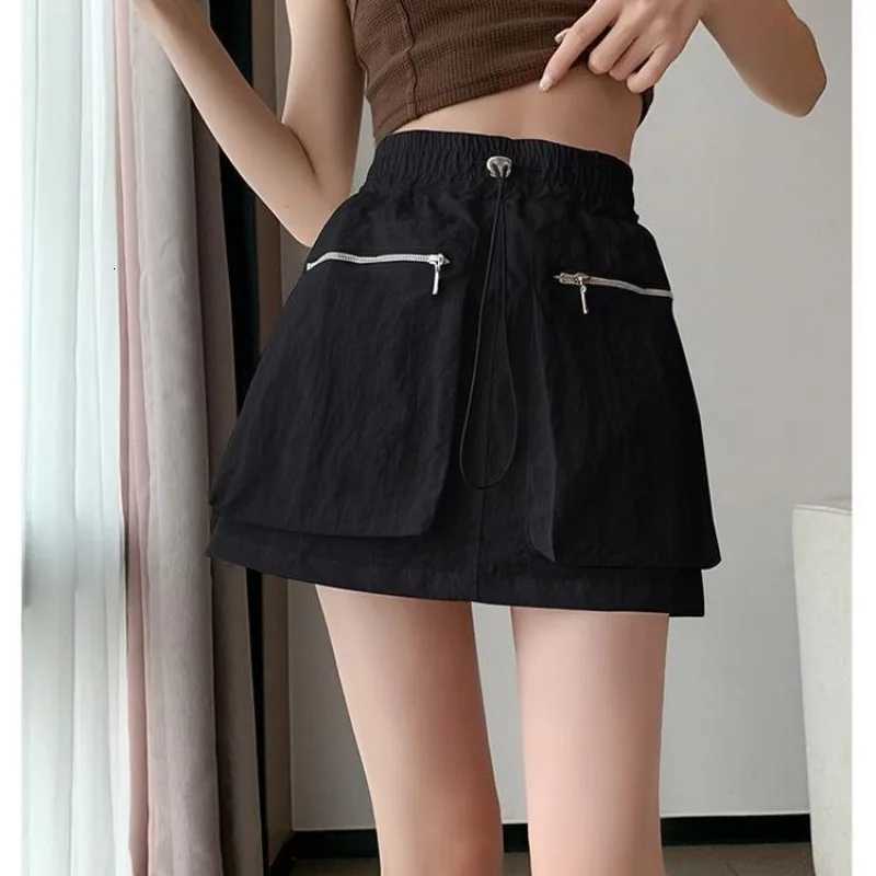 High Waist Drawstring Summer Skirts Women Short A Line Skirt Vintage Casual Cargo Big Zipper Pocket Skirt with Safety Shorts Hip Skirts W261017