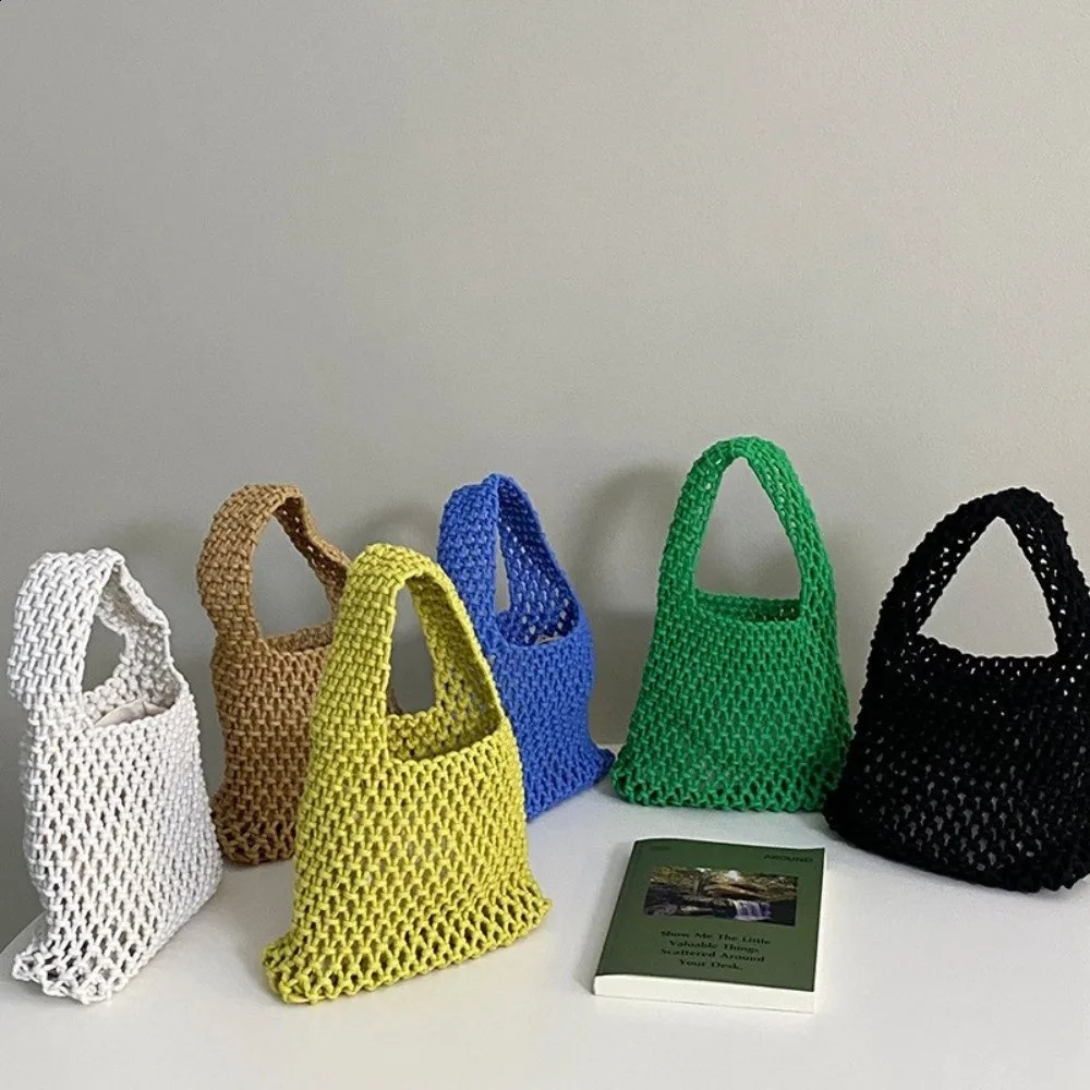 Summer Hand Woven Tote Bags Colorful Solid Color Hollow Out Handbag Braided Lightweight Knitting Crochet Beach Bag 261017