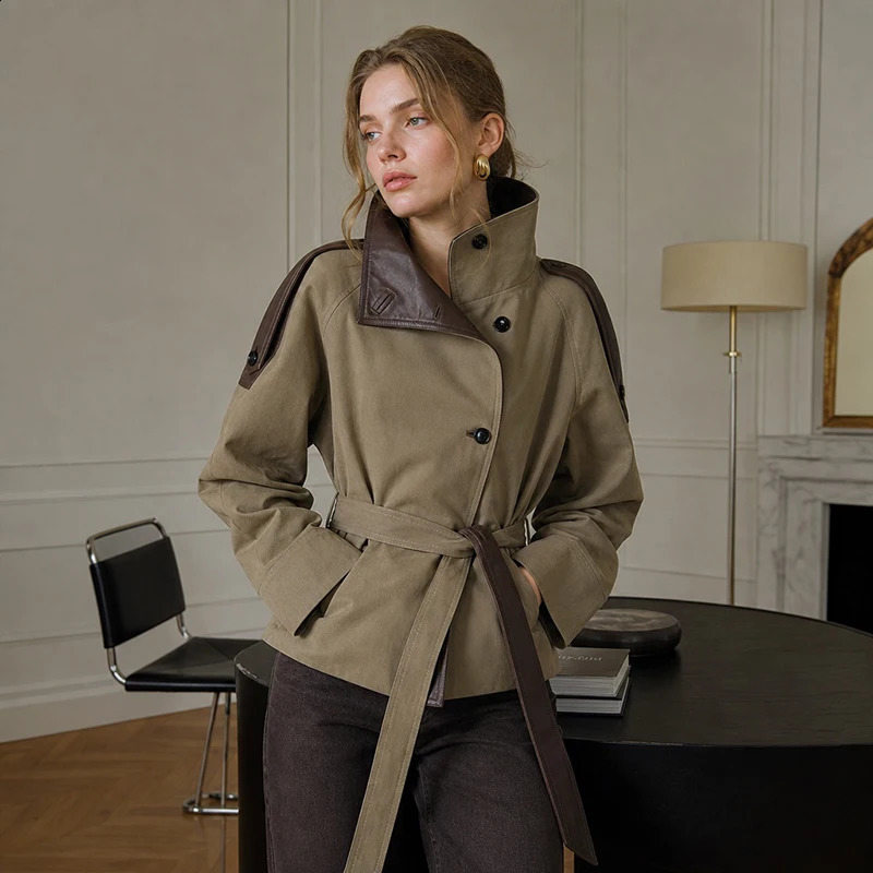 Women Cropped Trench Coat Faux Leather Spliced Epaulets Belted Waist Loose Fit Khaki Short Jacket Vintage 2026 Ladies Outerwear 261017