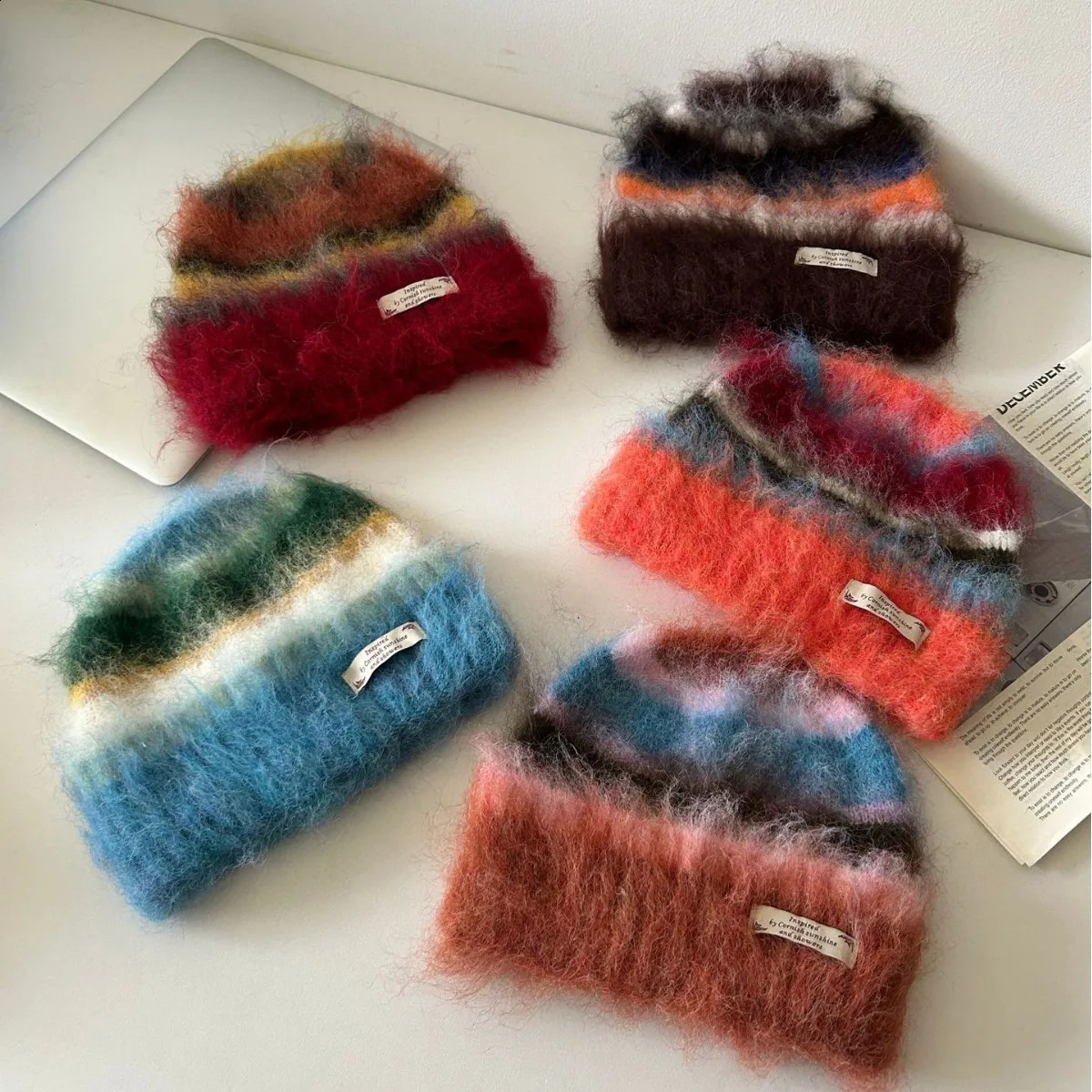 Color Dopamine Striped Hairy Knitted Beanie Cap Women 2025 Autumn and Winter Show Face Small Thermal Knitted Winter Hat261016