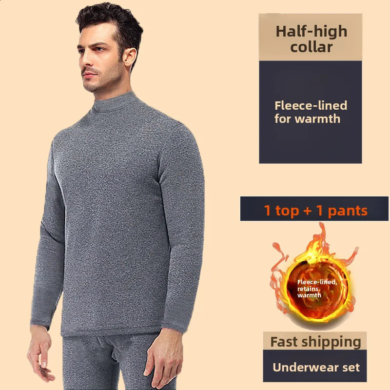 Thiened Fce Men's Thermal Underwear Set Warm Polyester Long Sve Onepiece Suit for Winter Coldproof Home Clothes Pants 261012