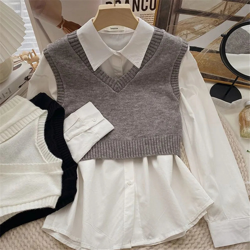 2024 Korean Preppy Style Fashion Ladies Knitwear Autumn Leisure Girls Sweater Vest Classic Cropped Pure Slim Basic 261009