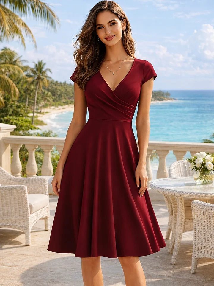 Women's Elegant Round Neck Summer Short Sleeve Solid A-Line Knee-length Dress High Waist Swagger Party Wedding Casual Departure 261013
