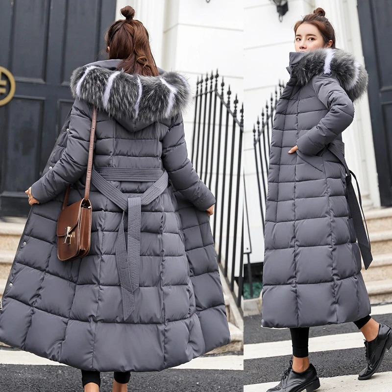 Female Winter Over Knee Loose Large Fur Collar Hooded Warm Thick Parkas Long Down Cotton Plus Size Coat Women Padded 260923