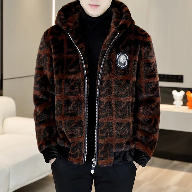 Autumn Winter Faux Fur Hooded Jacket Men Fashion Social Mink Casual Business Thick Warm Outdoor Windproof Coat 261013