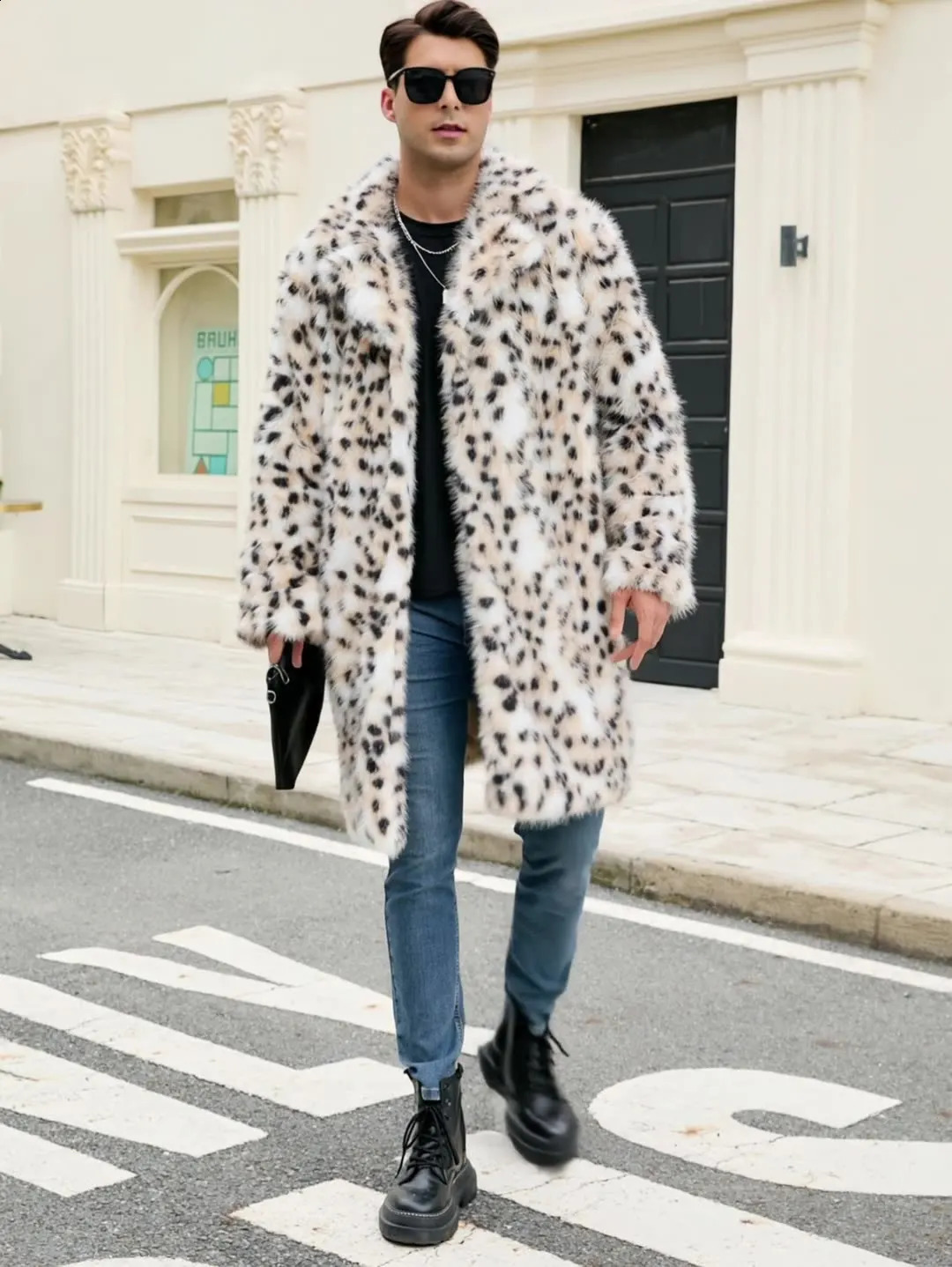 Men's Long Faux Fur Coat with OvertheKnee Leopard Print Thickened and Elegant 260928