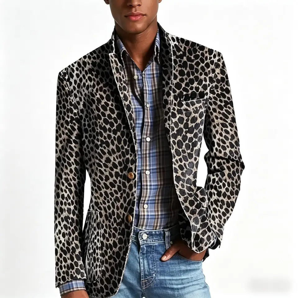 Men's Leopard Print Velvet Blazer Classic Fit Stylish Long Sleeve Notched Lapel Suit Jacket for Nightclub Wedding Streetwear 261014