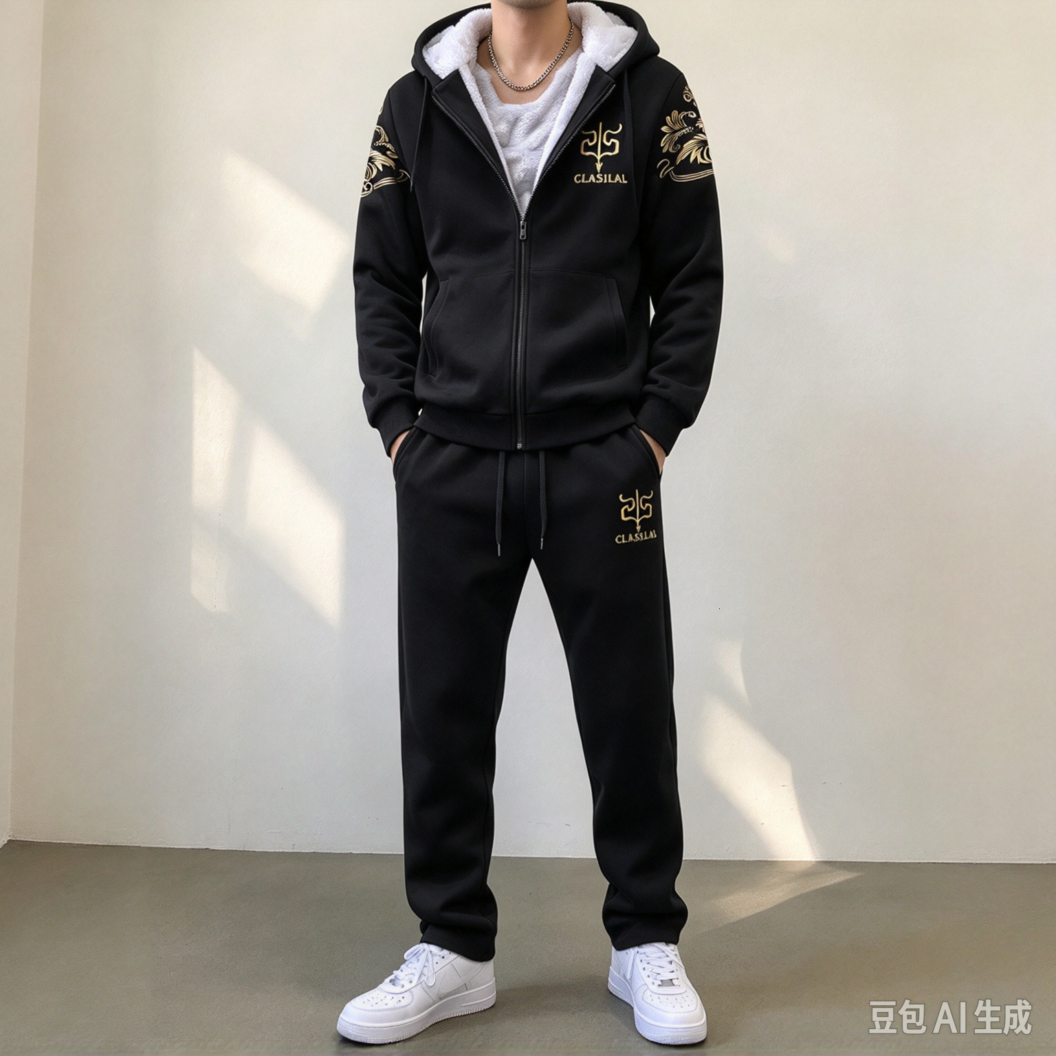 Men's Thermal Fleece Hooded Tracksuit Autumn Winter 2Pcs Gold Print Jogging Outfit Sets Plus Plush Thick Cardigan Two Piece Set