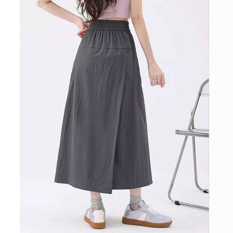 Summer Lady Comfortable Baggy Skirts Thin Skirts s Fashion High Waist Slit Culottes Women Korean Solid Midi Cargo Dress W261017