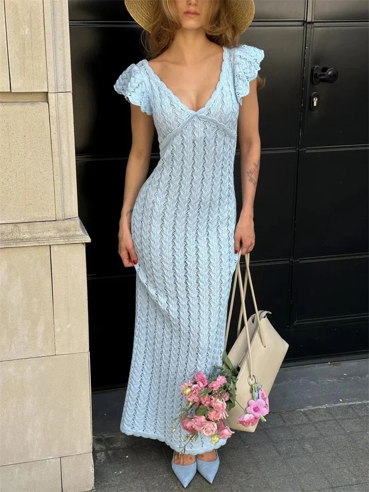 Tossy Ruffled Hollow Out Knit Long Dress Women V-Neck Fashion Patchwork See-Through Beach Holiday Dress Knitwear Female Dress 261013