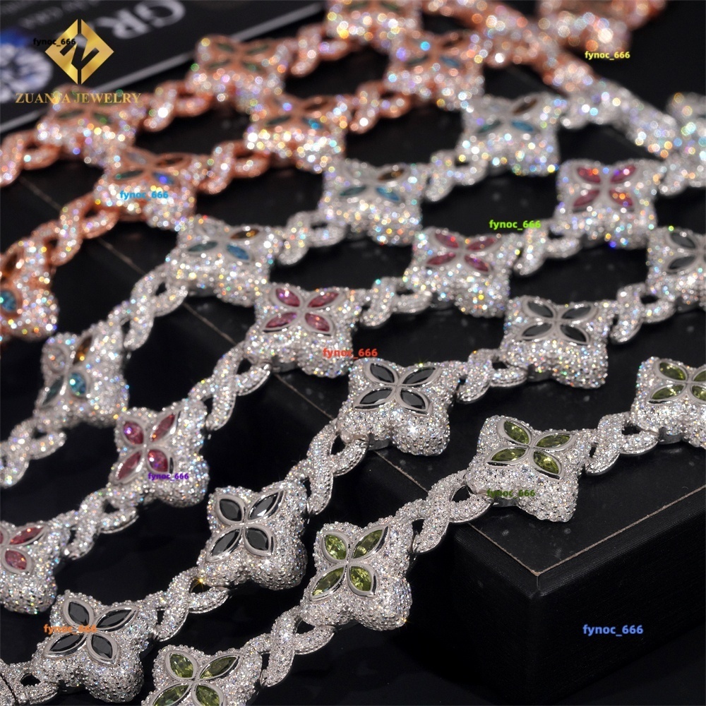 18mm High Quality Multi Color Marquise Diamond 925 Silver Jewelry Iced Out VVS Moissanite Lucky Four Leaf Clover Cuban Bracelet