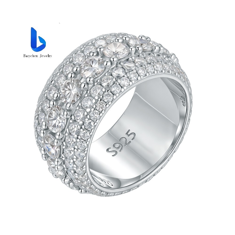 Wholesale VVS Moissanite 5 Row Prong Set Sterling Silver 18K Gold Plated Luxury Eternity Band Ring for Men