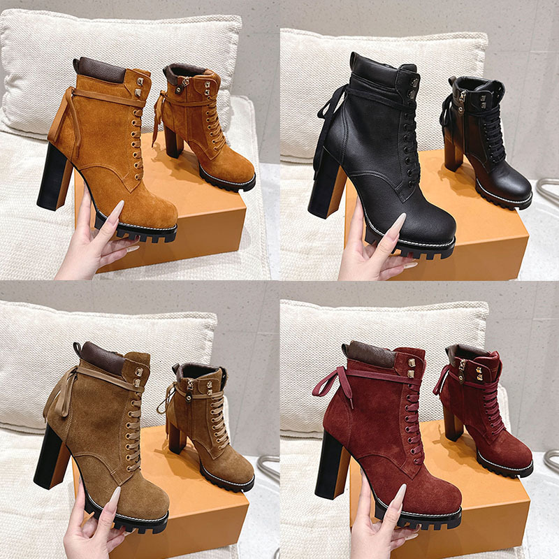 High Quality Women High Heels Boots Designer Star Trail Ankle Boot Suede Women Martin Boots Winter Warm Snow Boot Lace Up Fashion Casual Shoes 01