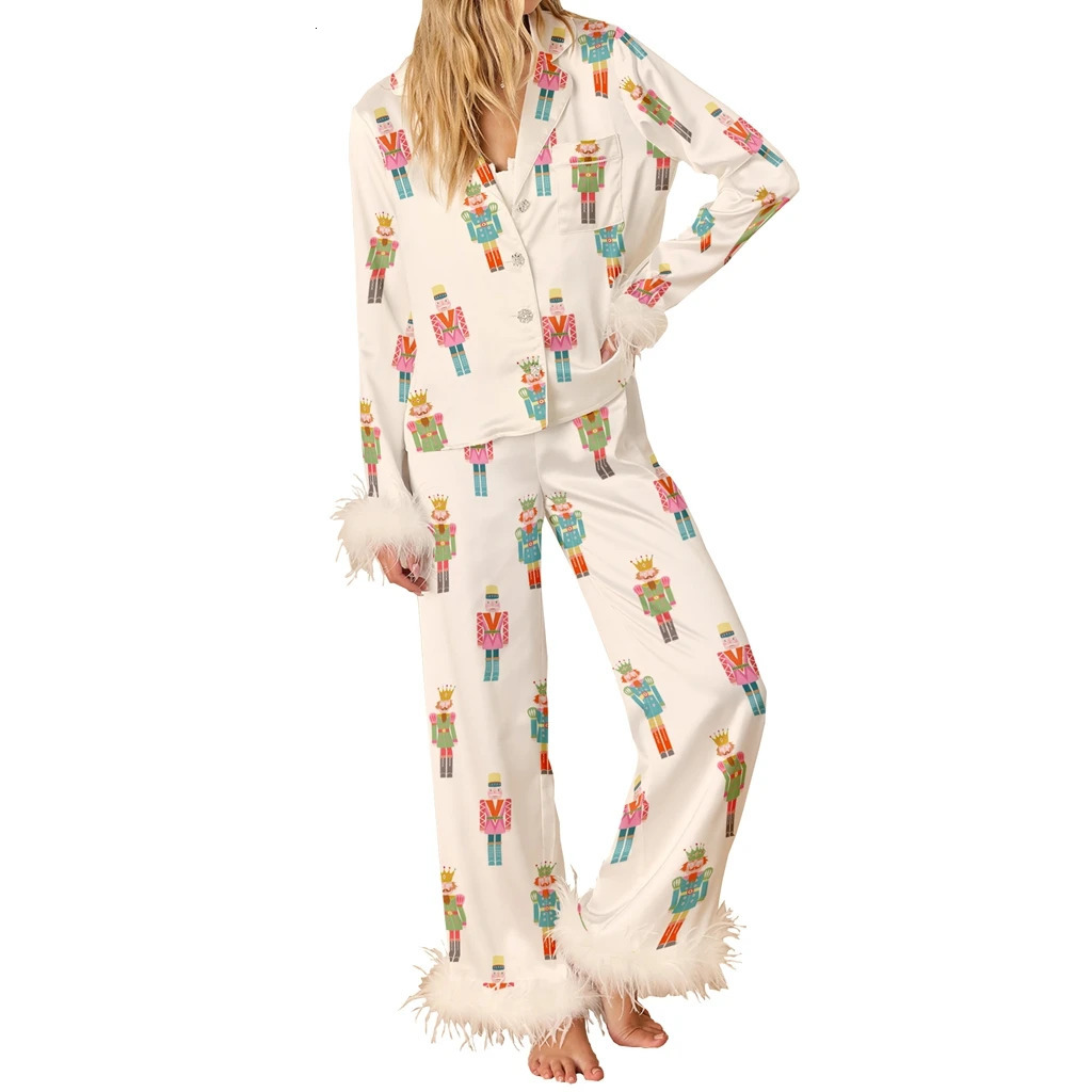 HEZIOWYUN Women's 2Piece Christmas Pajamas Set Cartoon Soldier Print Feather Fuzzy Cuff Lapel Button-up Shirt Tops Long Pants 261015