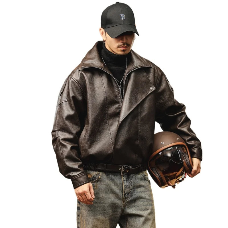 Winter Faux Fur Liner Leather Bomber Jacket Men Streetwear Fashion Loose Thicken Casual Vintage Motorcycle Coat 261014