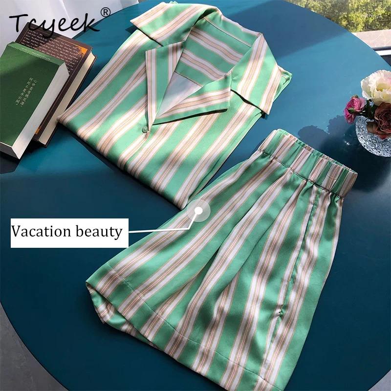 19Mm Sandwashed Crepe Satin Silk Suit Women Cool Mint Green Striped Short-sleeved Shirt And Shorts 2026 Summer S37803QM