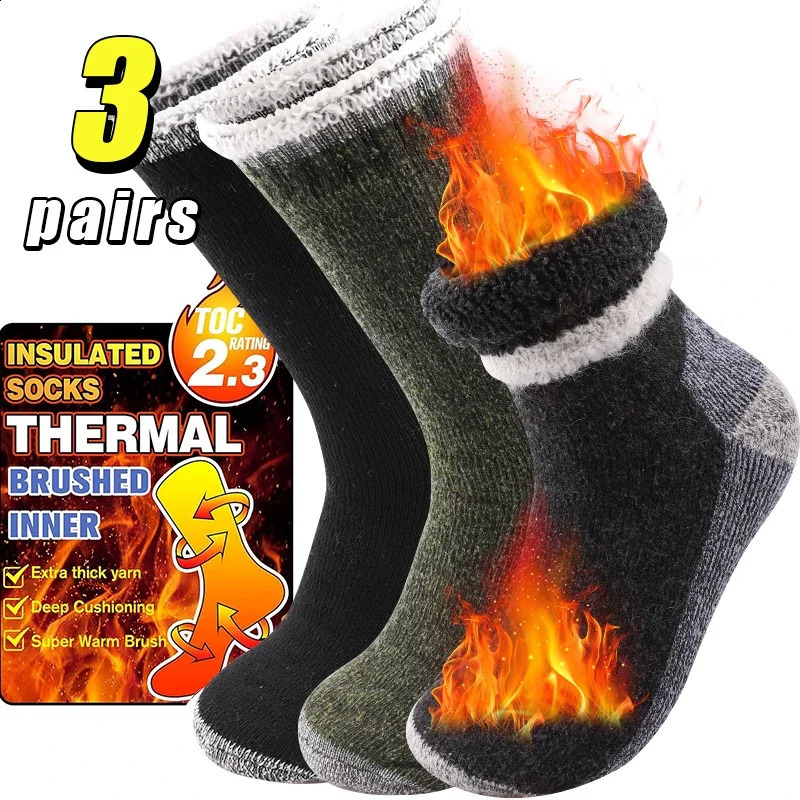 3Pairs Super Thick Merino Wool Socks Mens Winter Warm Outdoor Sports Snow Heat Storage Solid Color Loop Mid Tube Sock 261017