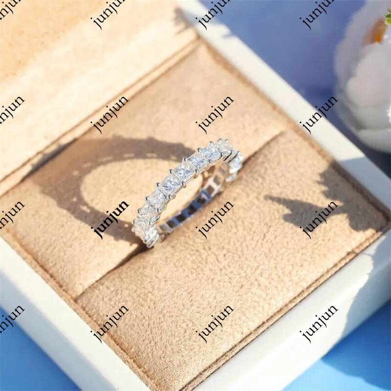 Classic Fine Jewelry 925 Sterling Silver Full Princess Cut White Topaz CZ Diamond Gemstones Eternity Square Party Women Wedding Band Ring