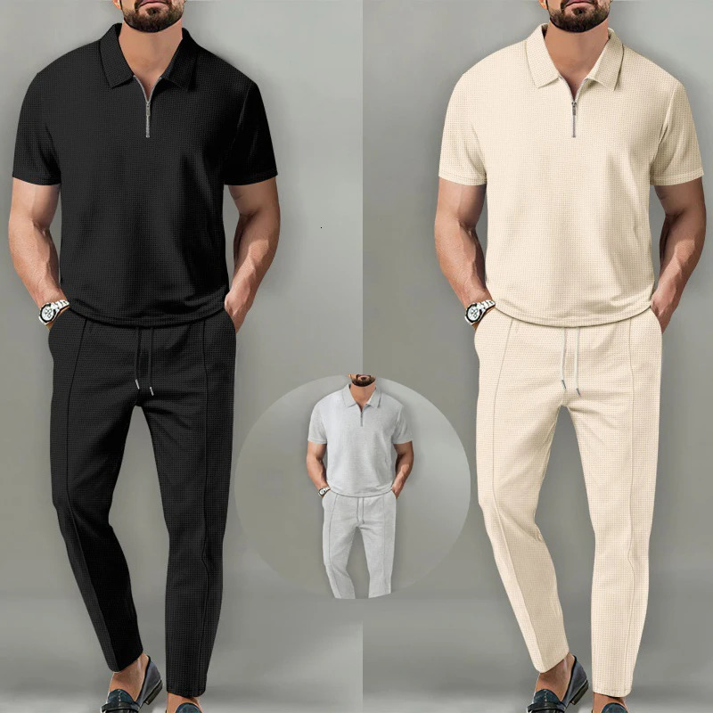 Spring/Autumn Men's Solid Color Waffle Collar Short Sleeve Zipper Pants Polo Set 261013