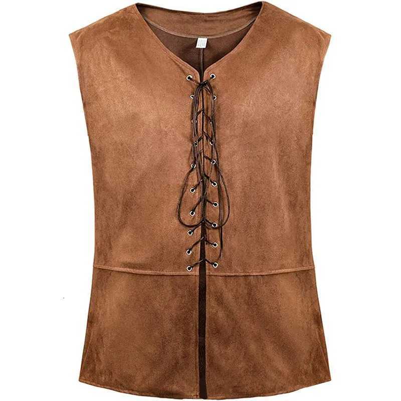 Vests Men's Medieval Renaissance Men's Suede Leather Vest Sleeveless Lace-Up Tunic Top for Historical LARP Cosplay CostumesW261017