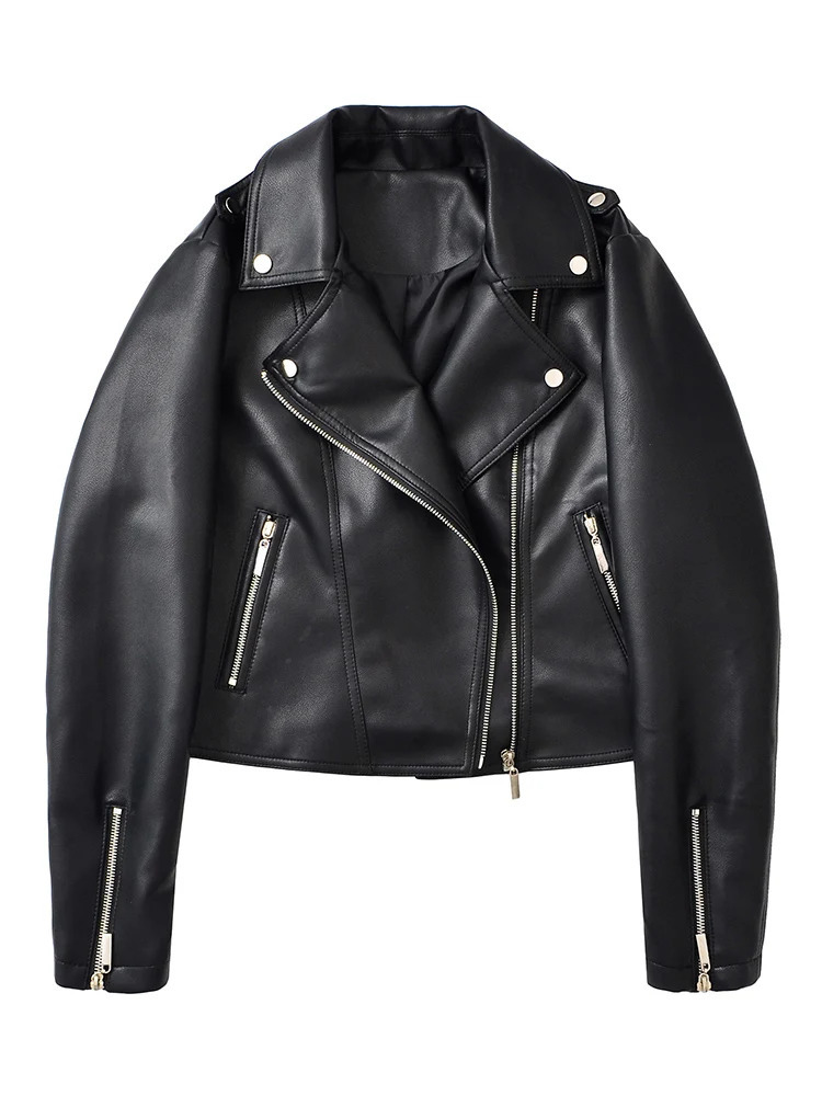 Ailegogo Spring Autumn Moto Biker Loose Black Faux Leather Jacket Streetwear Female Zipper Coat Outwear 261009