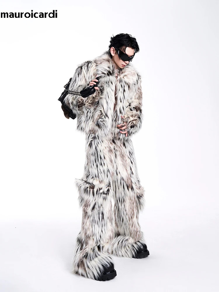Mauroicardi Autumn Winter Cool Short Colorful Multicolored Thick Warm Hairy Faux Fur Coat Men Fluffy Jacket 2024 Y2K Streetwear 261012