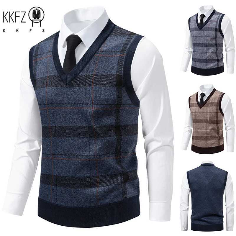 Knitted Men's V-Neck Vests Men's Sweater Grid Twisted Flower Casual Fashion Versatile Knit Top Autumn WinterW261017