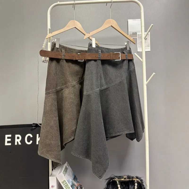 Winter Skirts 2026New Retro Autumn Grey Denim Irregular Holiday Short Skirt Women Solid Color Slim High Wiast Jean Skirts Trendy W261017