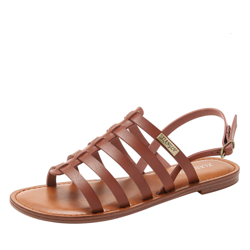Summer New Women Cross Strappy Roman Sandals Ankle Buckle PU Leather Flat Sole Comfortable Soft Casual Boho Beach Shoes Plus Size