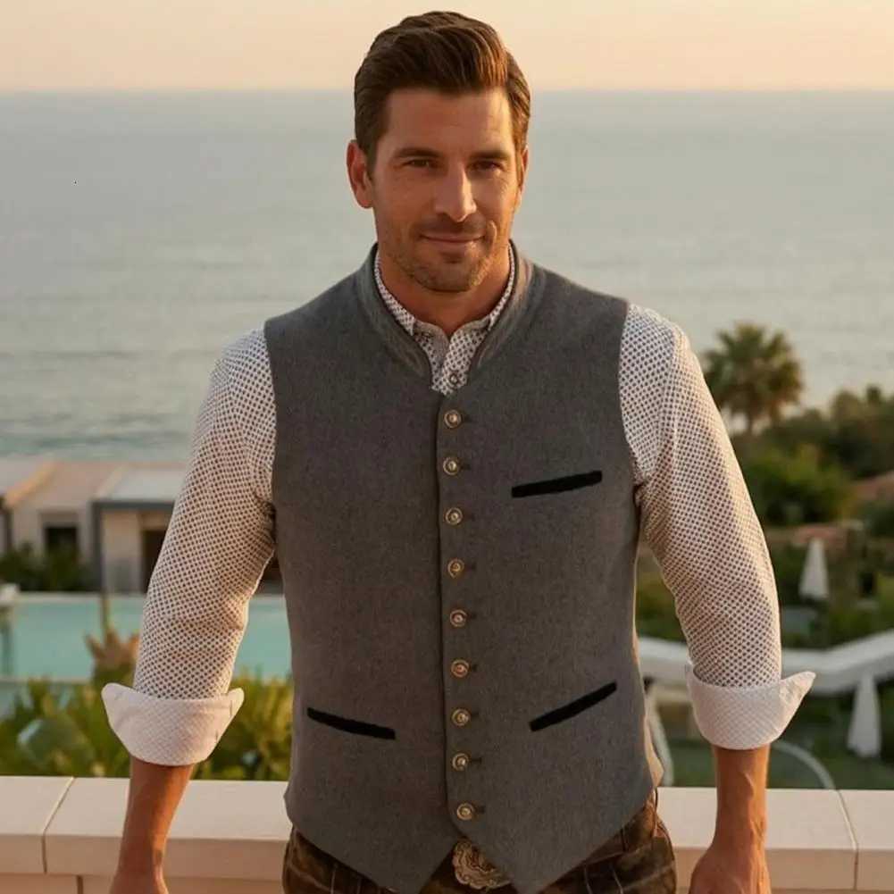 Vintage Elegant Men's Mens Vests Oktoberfest Vest Traditional Costume Waistcoat Stand Up Collar Button Up Gilet Retro Sleeveless JacketW261017