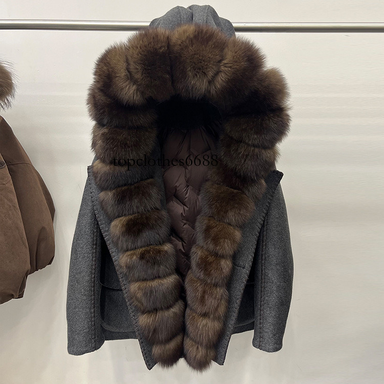 2026 winter new luxury fox fur collar hooded down jacket for women, short, loose, thickened, wool blend patchwork coat