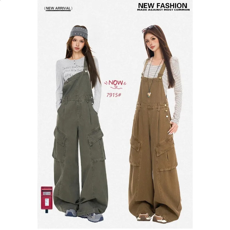 Vintage Women Denim Bib Overalls Summer High Waist Multi Pocket Baggy Wide Leg Cargo Jumpsuit Y2K 261015