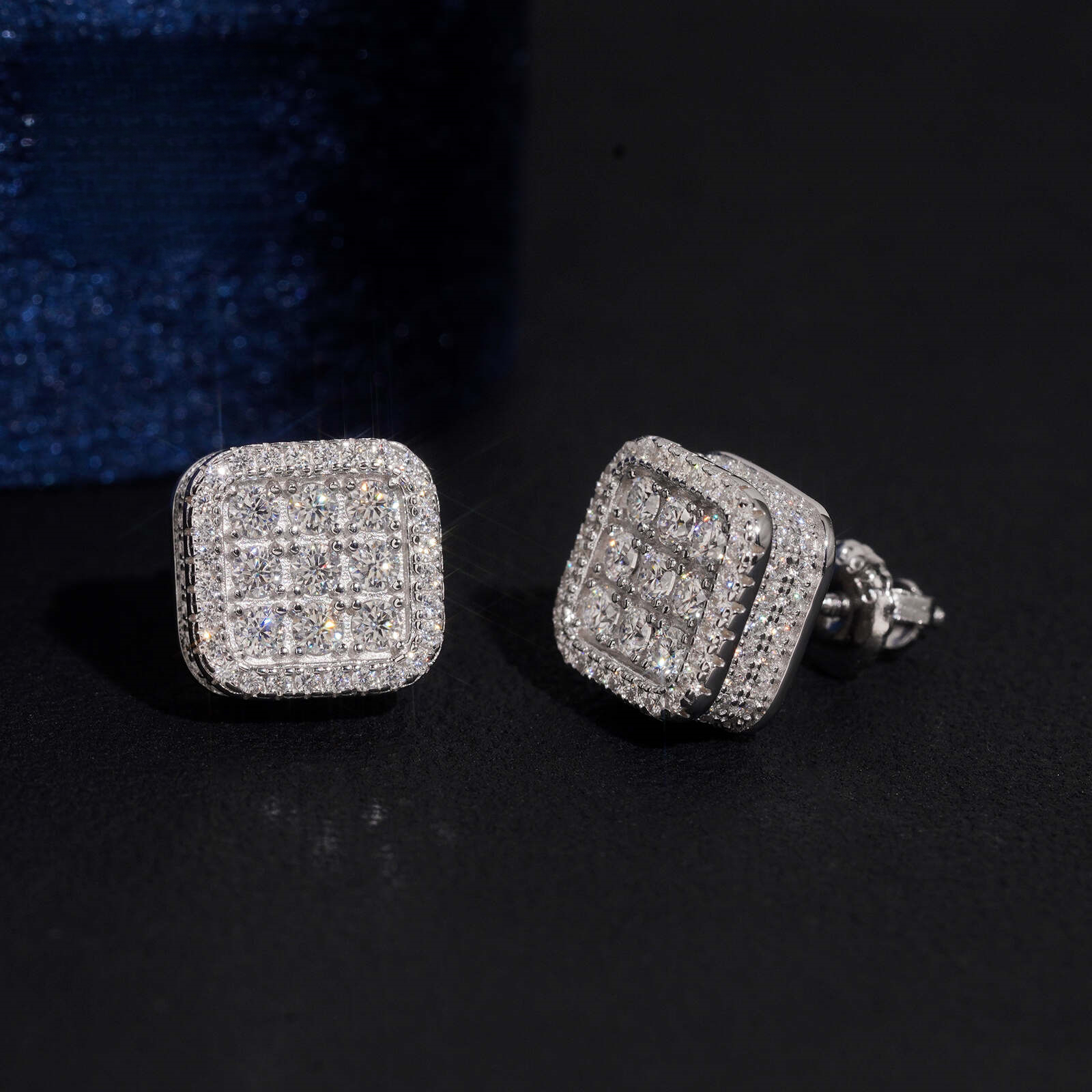 best-selling moissanite square stud earrings, S925 silver, iced-out design, hip-hop style, wholesale for men