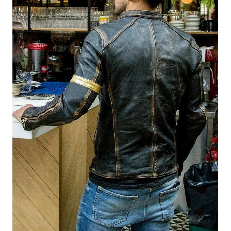 Slim Faux Leather Zipper Cardigan Coat Jacket Vintage Printed Long Sleeve Men Stand Collar Autumn Winter Motorcycle 261008