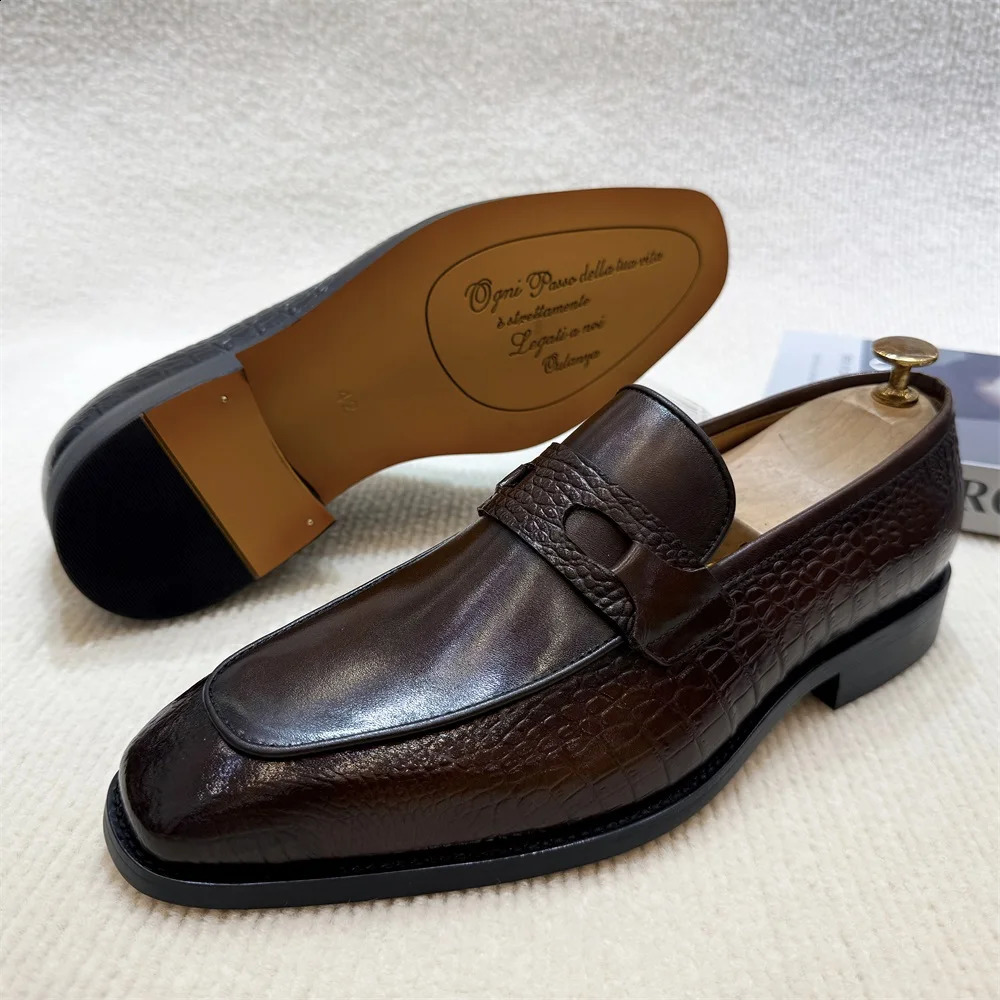 y Men's Genuine Leather Dress Shoes Crocodile Print Wedding Loafers Double Buckle Business Office Formal Slip-On Shoes 261013