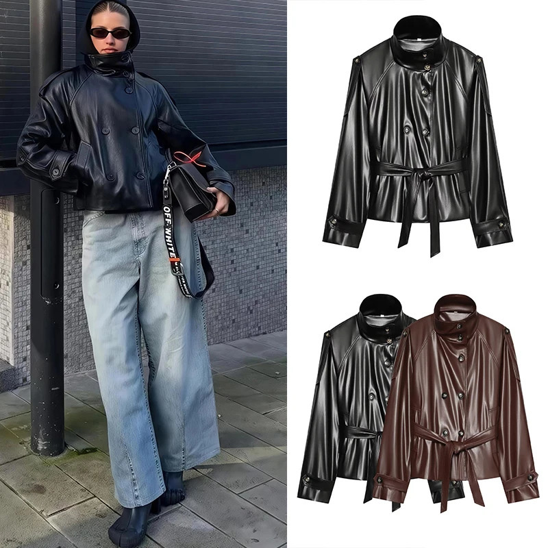 Guobioziy Women's Faux Leather Jacket 2026 SpringAutumn Arrival Solid Color with Button n EuroAmerican Casual Fashion 261009