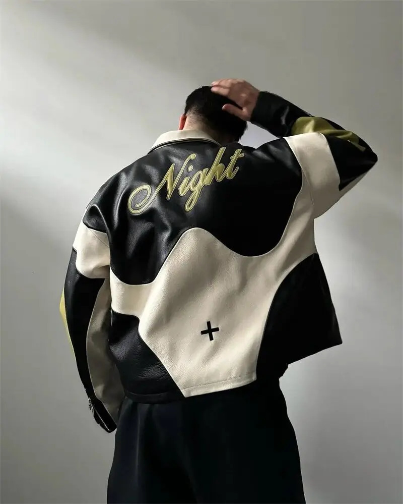 Retro leather Racing Jacket Short Quilted Coat Embroidered Biker Mens Streetwear Sporty Outerwear Fashionable Windproof Coat 261014