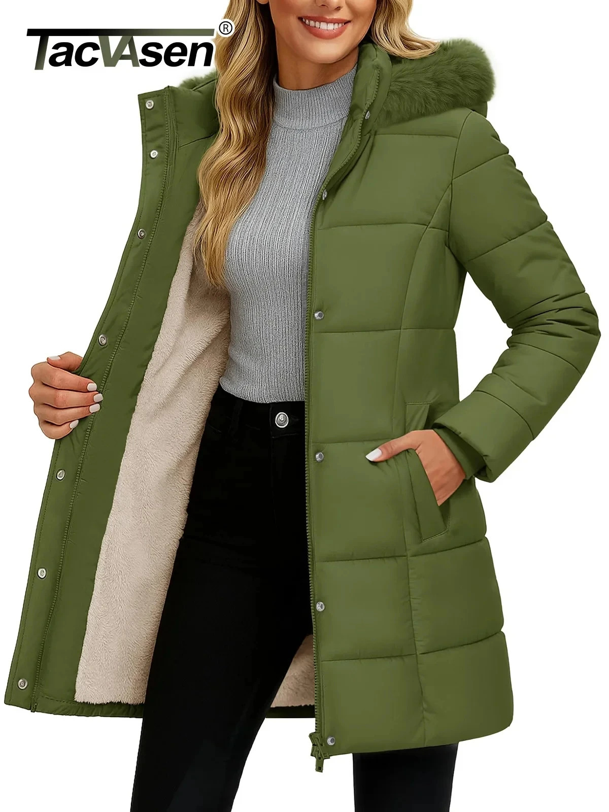 TACVASEN Womens Fleece Long Padding Winter Jacket Down Puffer Outwear with Removable Hood Waterproof Windproof Thicken Park Coat 260923
