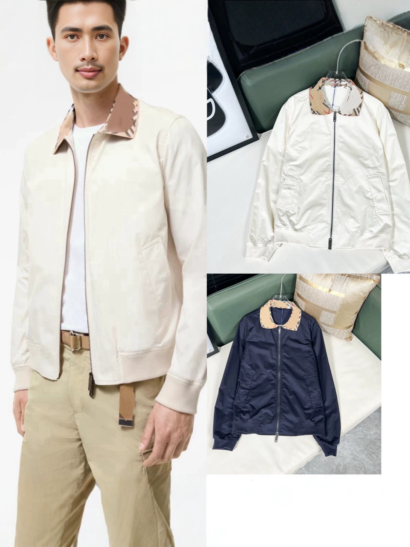 Cross-border European and American BB brand high-quality overstock men's collared plaid bomber jacket, Harlem-Linton style, cotton