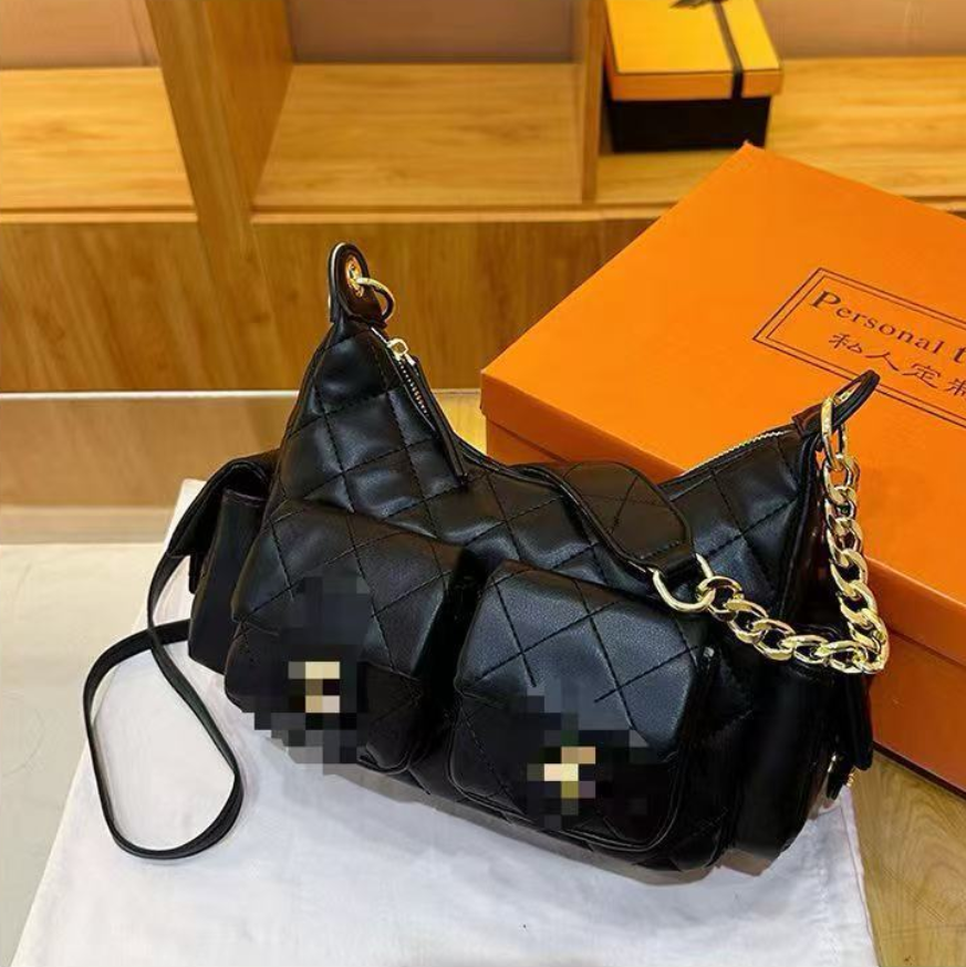 Womens Vintage Brown Quilted Shoulder Bag with Chain Strap Large Capacity Crossbody Messenger Bag with Front Pockets Soft PU Leather Handbag for Dai